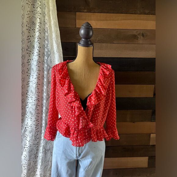 Modern Gap Red & Off White Polka Dot Ruffled Tie Front Blouse - Picture 7 of 14